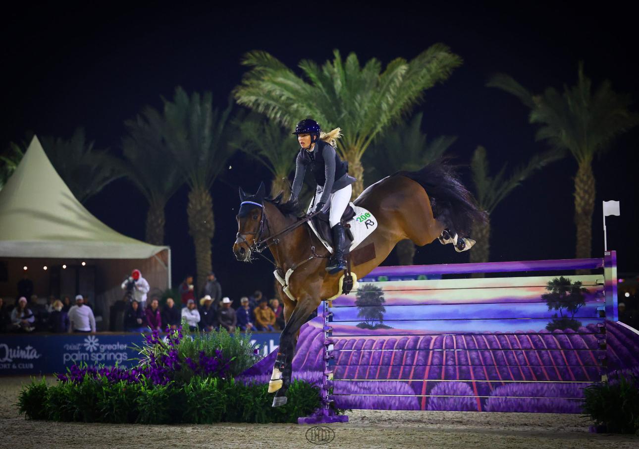 Ashlee and her horse over a purple fence at night